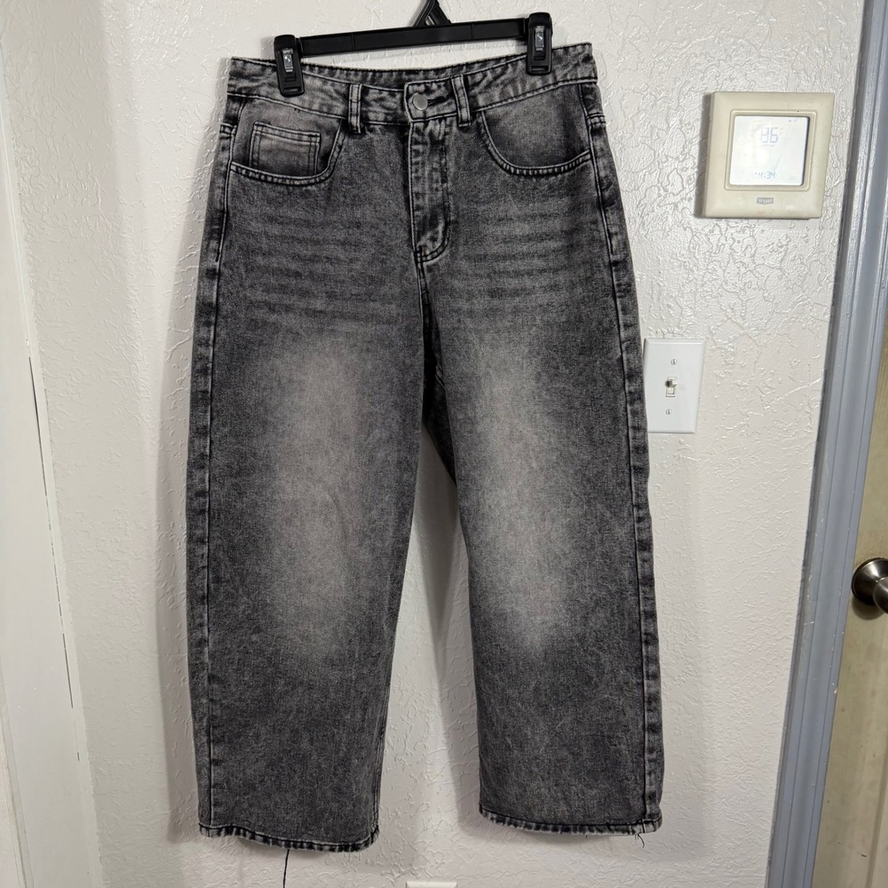 Mens Acid Wash Relaxed Fit Jeans Gray Black Faded Wide Leg Streetwear Size S